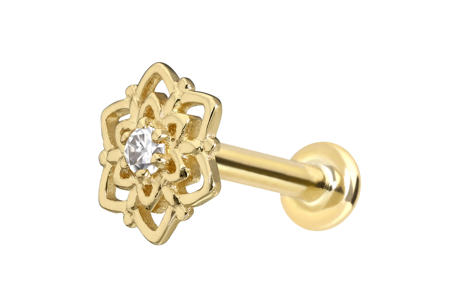 14 Karat Gold Labret Piercing mit Push Fit MOISSANIT-BLUME